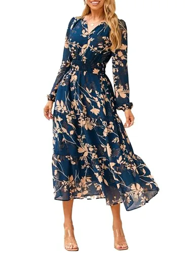 Simplee Women's Floral Boho Long Sleeve Maxi Dress V Neck Empire Waist Swing Flowy Wedding Guest Dress Navy Floral