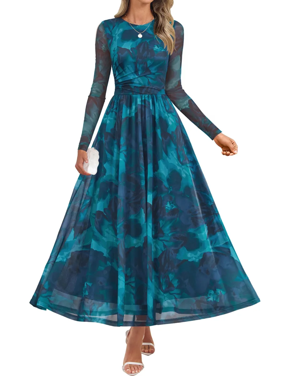 ZESICA Women's Fall Long Sleeve Wedding Guest Dresses Blue | Crewneck, Floral Print, Maxi Dress, Mesh, Ruched, Slimming, Elegant, 2026 Winter, Holiday Cocktail Party