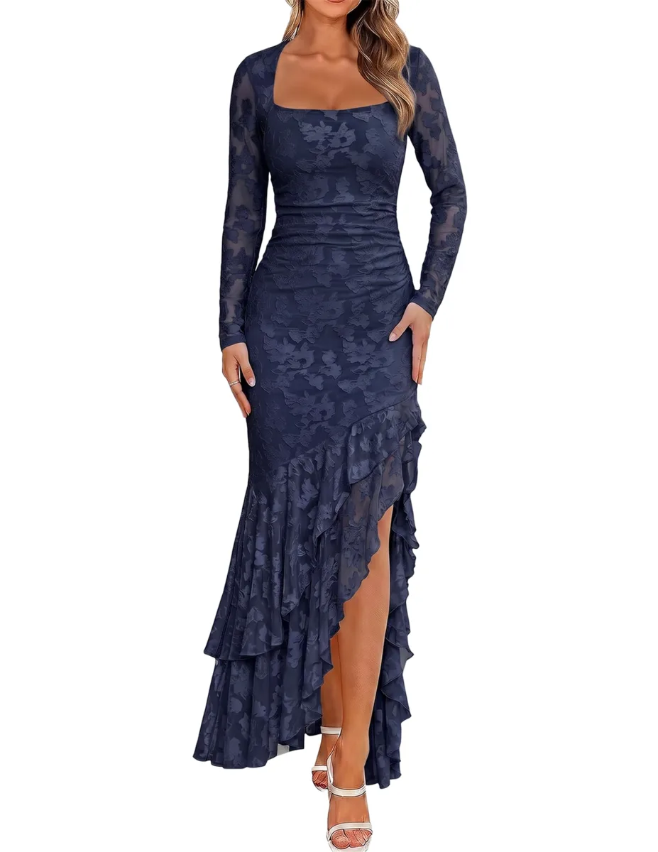 BORIFLORS Women's Elegant Fall Wedding Guest Long Sleeve Maxi Dress, Navy | Floral, Mermaid Ruffle, Square Neck, Ruched Mesh, Winter, Cocktail Party Formal