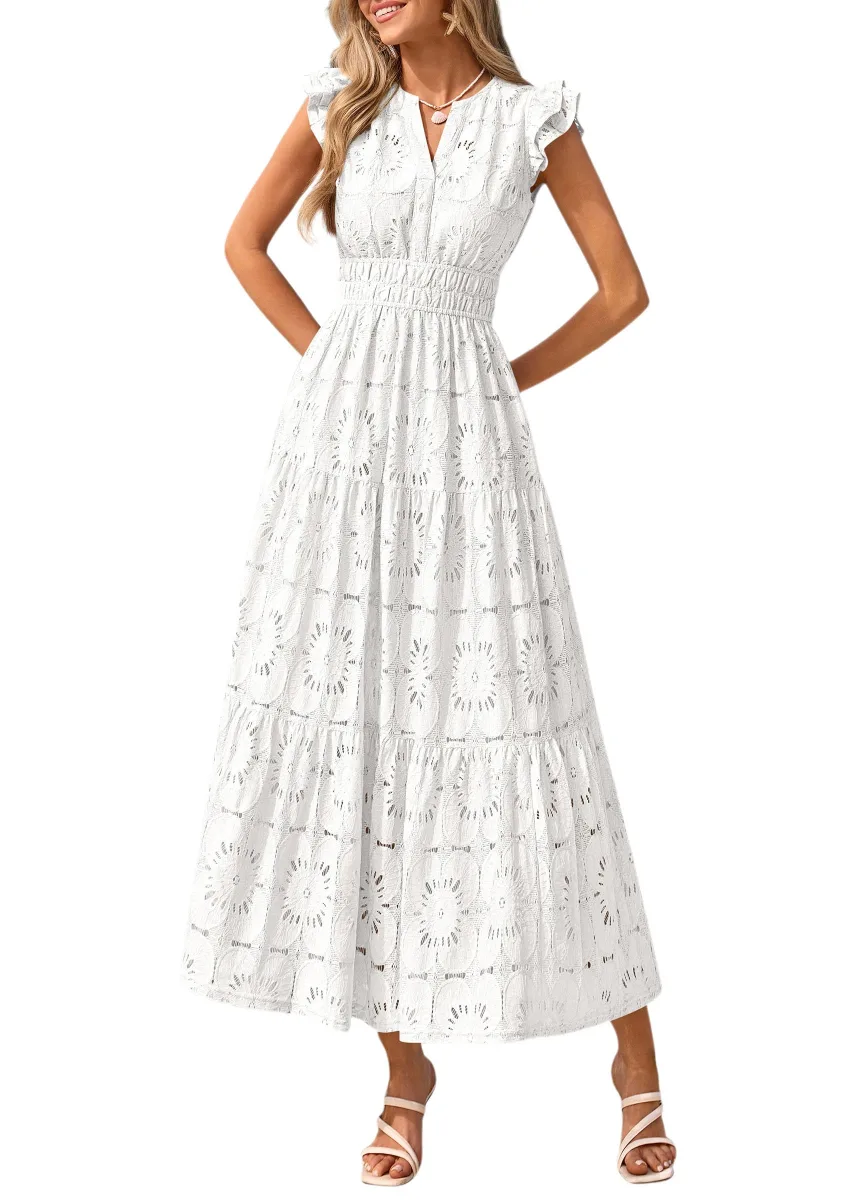 PRETTYGARDEN Women's Summer Eyelet Boho Maxi Dresses, White | V Neck, Elastic Waist, Cap Sleeve, Tiered Ruffle, A-Line, Floral Lace Cutout, Wedding Guest Dress, Beach Vacation Clothes