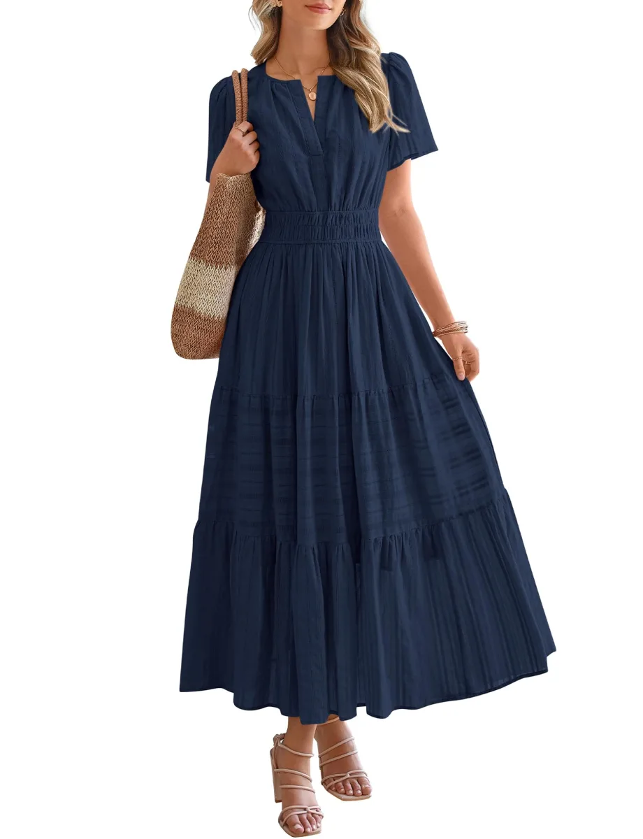 BTFBM Womens Summer 2026 Casual Maxi Dresses Lightweight Short Sleeve Dress | V Neck Elastic Waist A Line Long Dress, Boho Beach Vacation Outfits, Wedding Guest Dresses Pockets, Early Fall Fashion Clothing