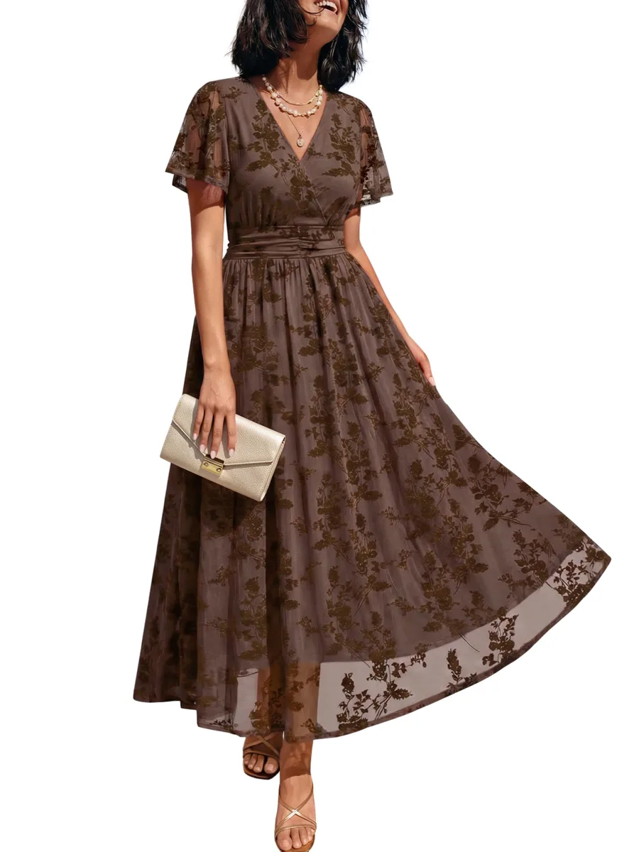 LILLUSORY Women Wrap Maxi Cocktail Formal 2026 Wedding Guest Dress Pockets | Summer Flowy Outfits, Fall Elegant V Neck & Short Sleeve, for Church, Dressy Brunch, Cocktail & Formal Events