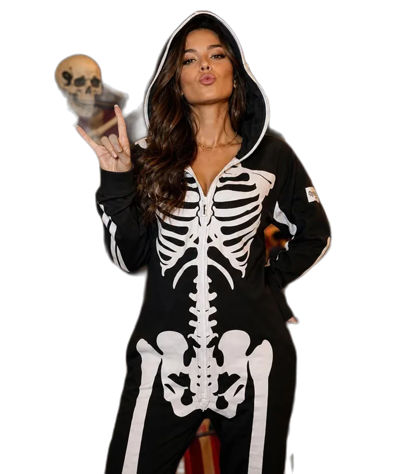 Tipsy Elves Halloween Skeleton Costume for Women, Comfy Easy Adult Onesie Jumpsuit, Front and Back Print with Zip Up Mask