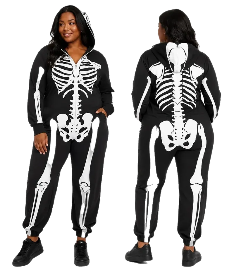 Tipsy Elves Halloween Skeleton Costume for Women, Comfy Easy Adult Onesie Jumpsuit, Front and Back Print with Zip Up Mask