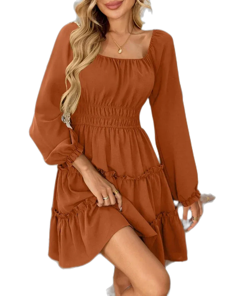 Amoretu Women's Square Neck Long Sleeve Tiered Ruffle A-Line Flowy Mini Dress with Pockets, Burnt Orange