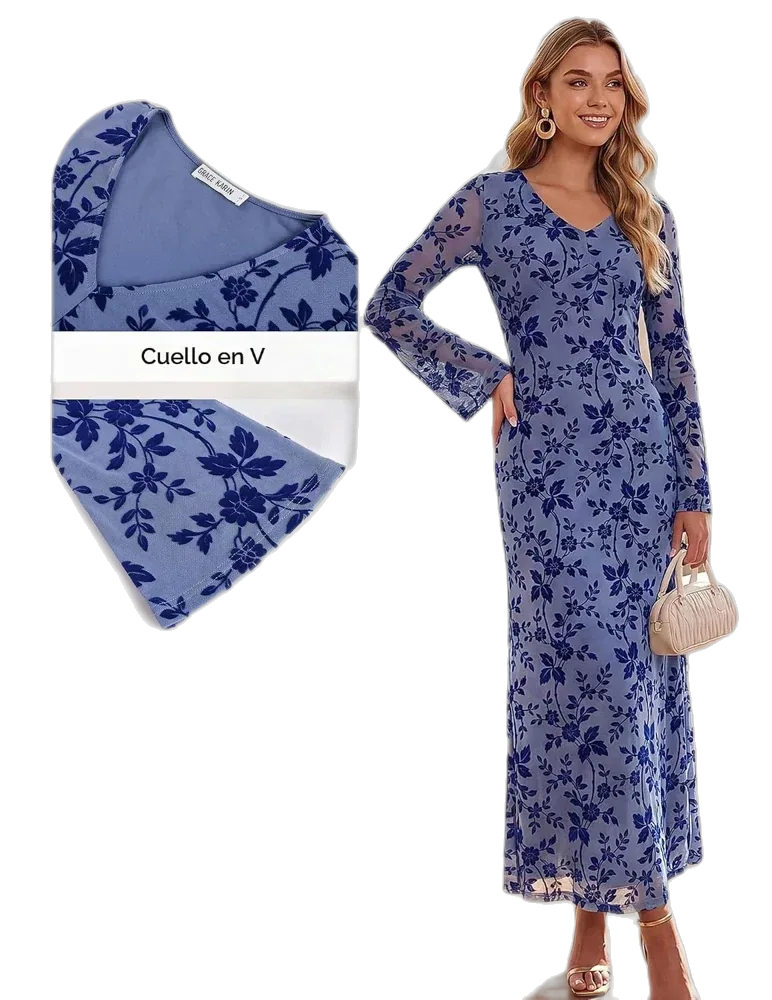 GRACE KARIN Women's Long Sleeve Floral Maxi Dress, V-Neck Bodycon Sheath Dress with Bell Sleeves