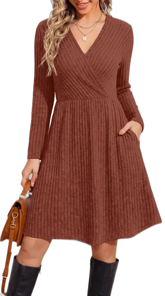 WIHOLL Fall Dresses for Women, Long Sleeve A-Line Dress with Pockets, Surplice V-Neck Ribbed Knit