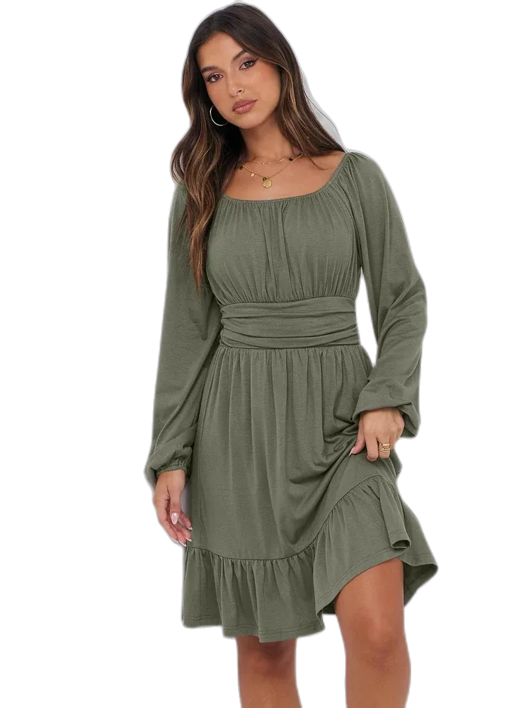 ANRABESS Women's Long Lantern Sleeve Square Neck Elastic Waist Ruffle Flowy A-Line Mini Dress