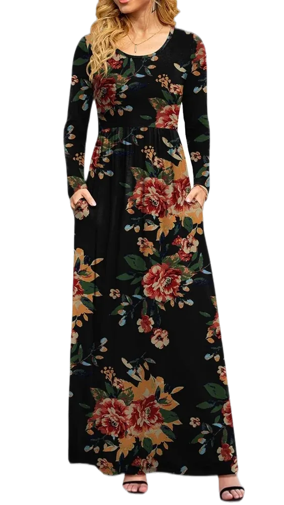Women's Fall Long Sleeve Maxi Dress, Crew Neck Tribal Print A-Line Dress, Earth tones, geometric pattern, fit and flare, western style, vintage look