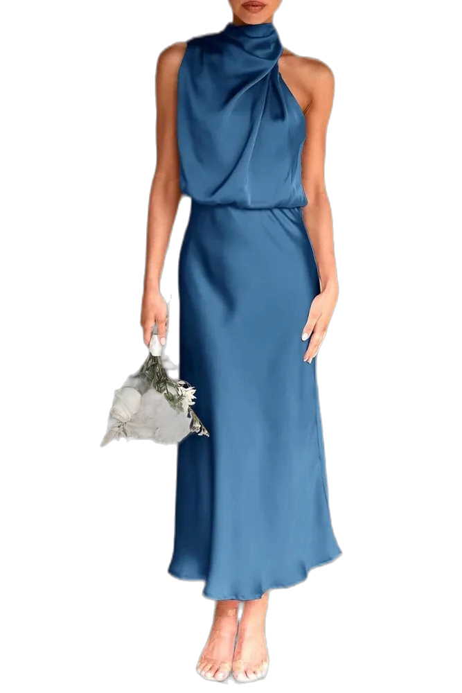 PRETTYGARDEN Women's Summer Satin Maxi Cocktail Dress, Sleeveless High Neck, Fit & Flare, Asymmetric Long, Elegant Formal