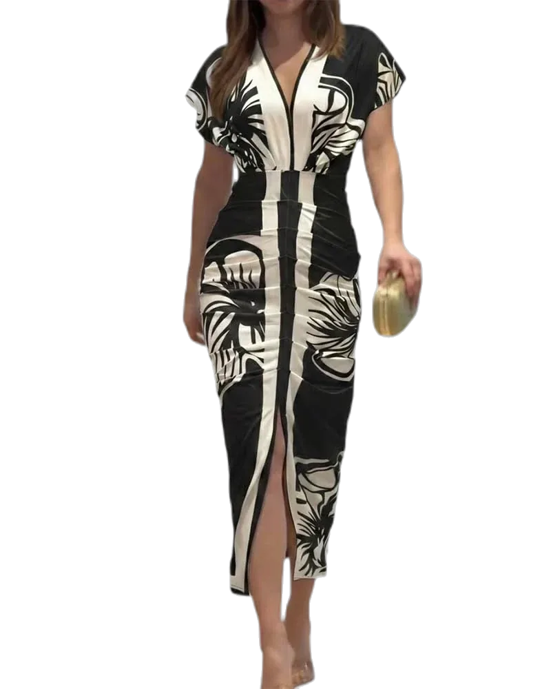 CHICME Summer Dresses for Women, Floral Print Plunge V Neck Midi Dress, Casual Ruched Slit Bodycon Party Dress