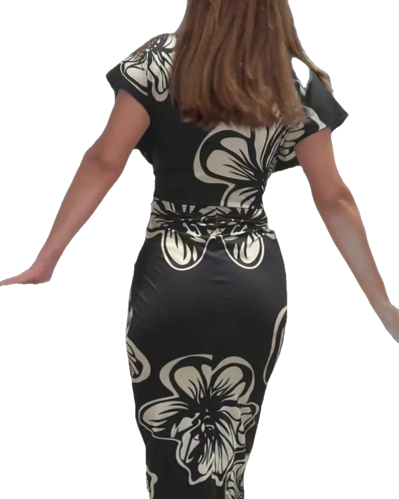 CHICME Summer Dresses for Women, Floral Print Plunge V Neck Midi Dress, Casual Ruched Slit Bodycon Party Dress