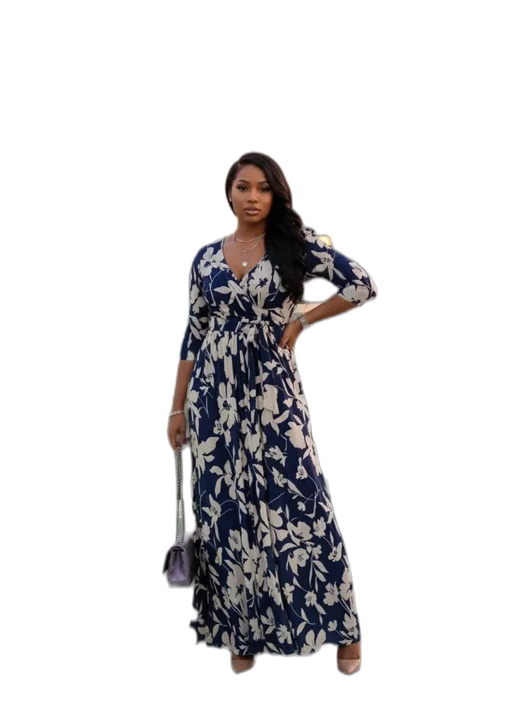 Yajedo Women's Maxi Dress, 3/4 Sleeves V Neck Cocktail Party Belted Wrap Sundress, Floral Print, Long Maxi Dresses