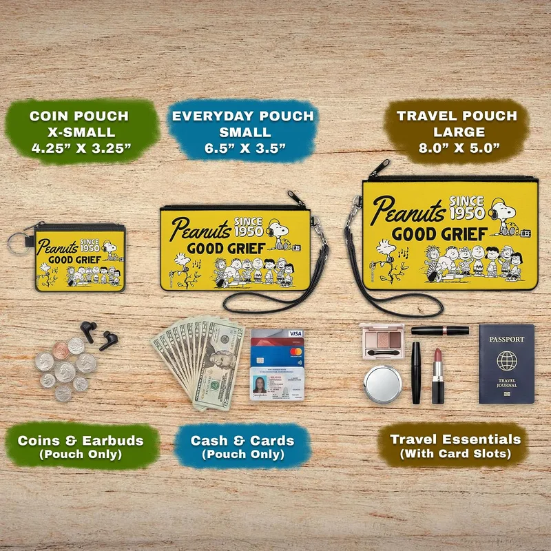 Buckle-Down Peanuts Canvas Zipper Wallet, Peanuts Gang Since 1950 Good Grief (Yellow and Black)
