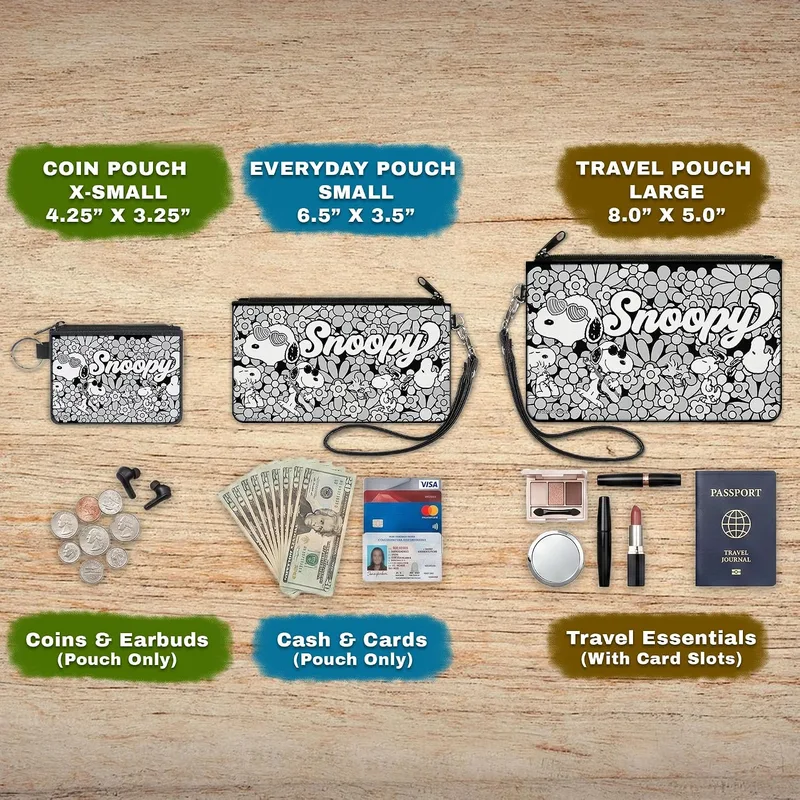 Buckle-Down Peanuts Canvas Zipper Wallet, Snoopy Poses and Daisy Flowers Collage