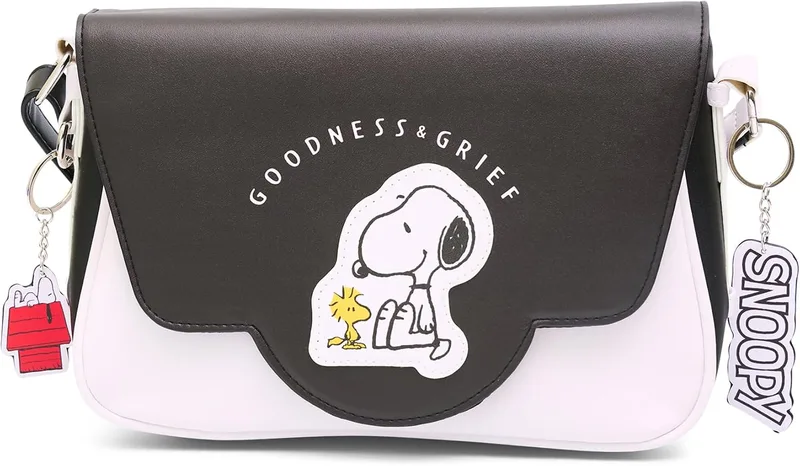 Buckle-Down Peanuts Fold Over Crossbody Bag, Goodness and Grief (Black)
