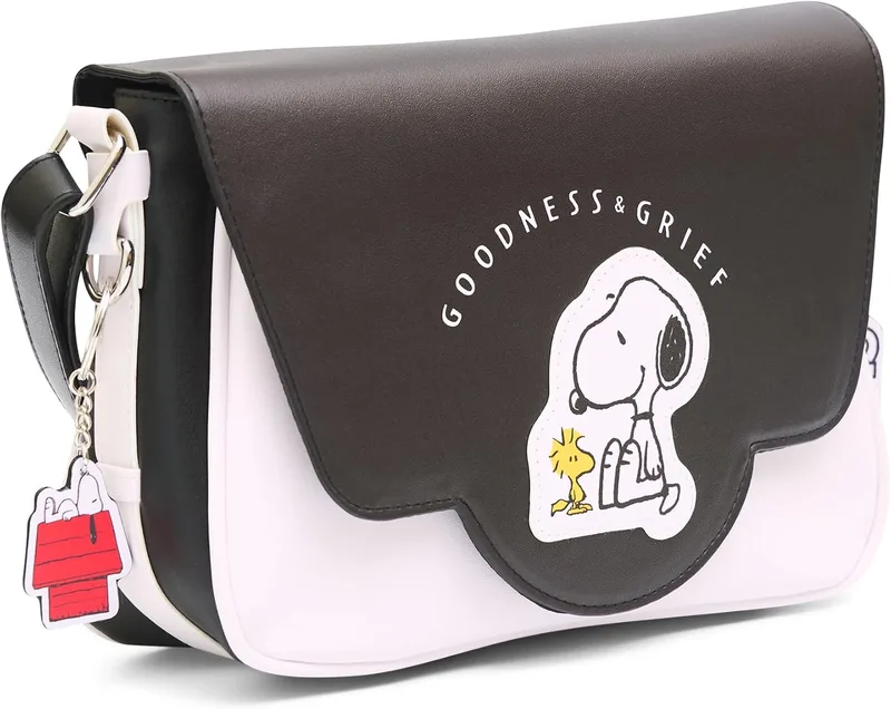 Buckle-Down Peanuts Fold Over Crossbody Bag, Goodness and Grief (Black)