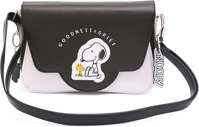 Buckle-Down Peanuts Fold Over Crossbody Bag, Goodness and Grief (Black)