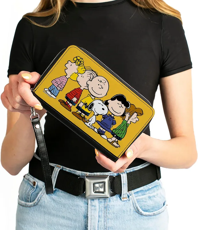 Buckle-Down Peanuts Vegan Leather Zip Around Wallet, Peanuts Gang Golden Yellow