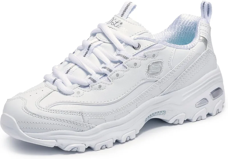 Skechers Sport Women's D'Lites Memory Foam Lace-Up Sneakers, White and Silver