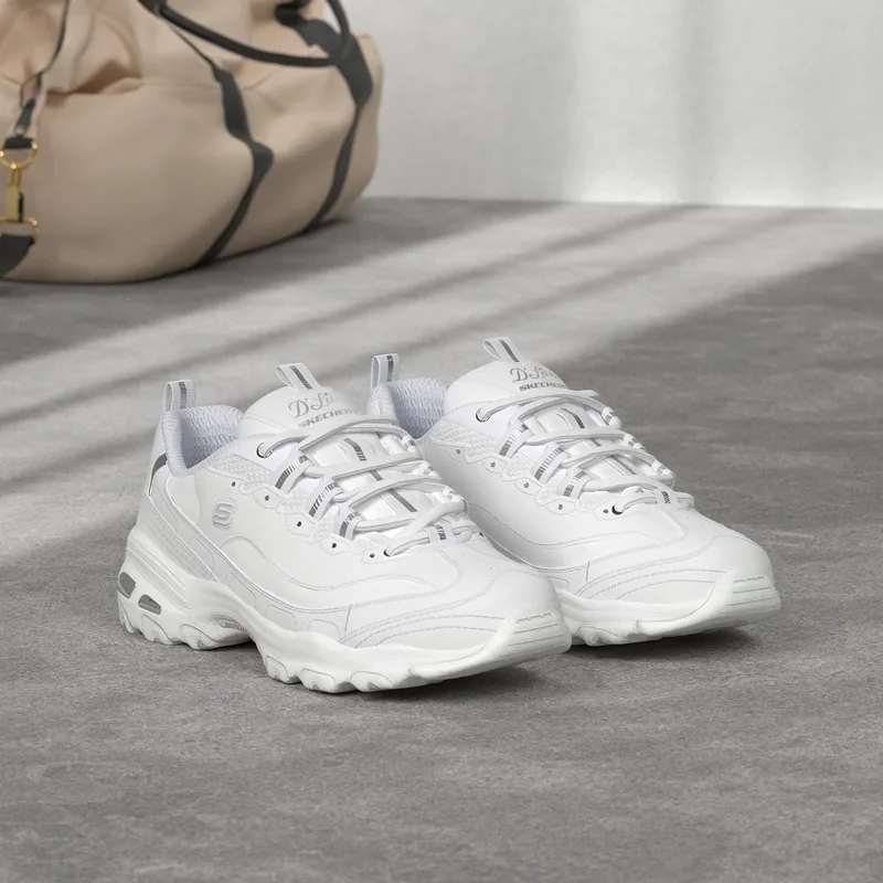 Skechers Sport Women's D'Lites Memory Foam Lace-Up Sneakers, White and Silver