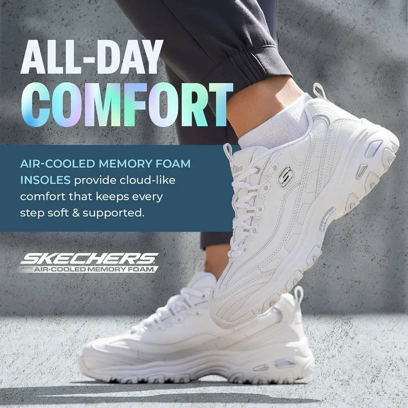 Skechers Sport Women's D'Lites Memory Foam Lace-Up Sneakers, White and Silver