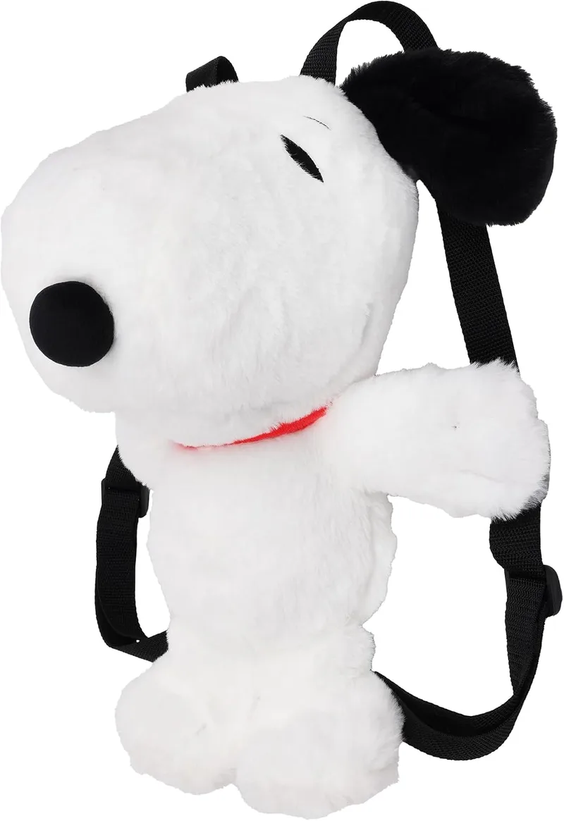 Peanuts Snoopy plush backpack in white and black with a red collar photo 1