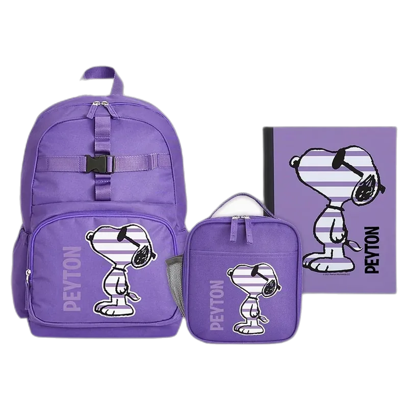 Let's Make Memories Kids Backpack for School - Personalized - PEANUTS SNOOPY Bookbag with Optional Lunch Box - Purple - Too Cool