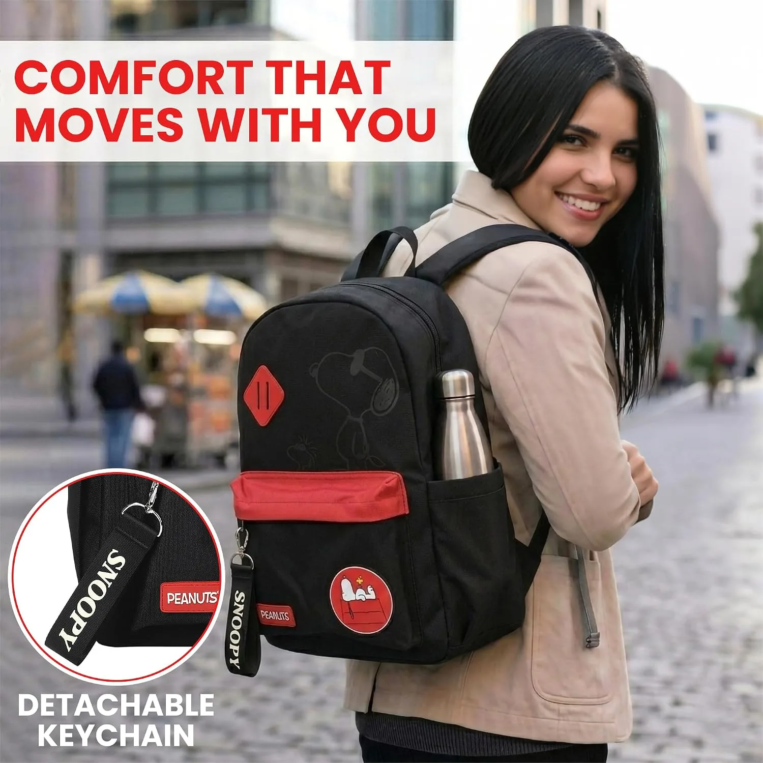 Peanuts Snoopy adult laptop backpack in black and red with a Snoopy doghouse badge photo 3