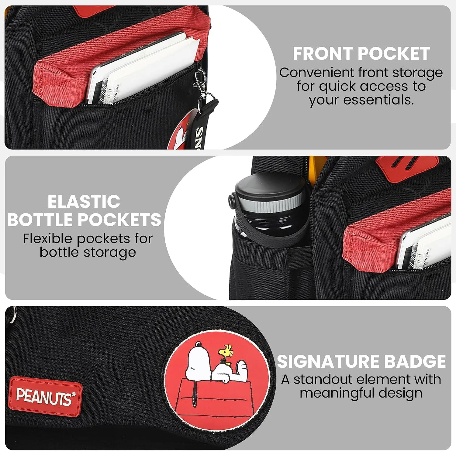Peanuts Snoopy adult laptop backpack in black and red with a Snoopy doghouse badge photo 4