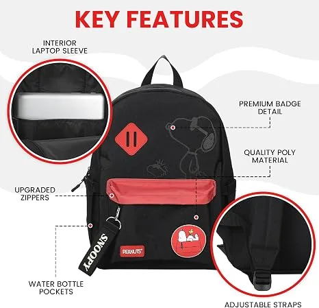 Peanuts Snoopy adult laptop backpack in black and red with a Snoopy doghouse badge photo 5