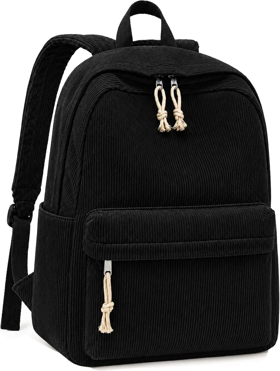 YUANCE corduroy school backpack with strawberry print for girls, front and side pockets