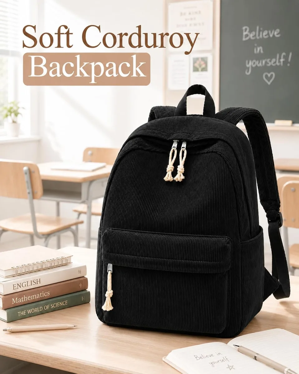 YUANCE corduroy school backpack with strawberry print for girls, front and side pockets