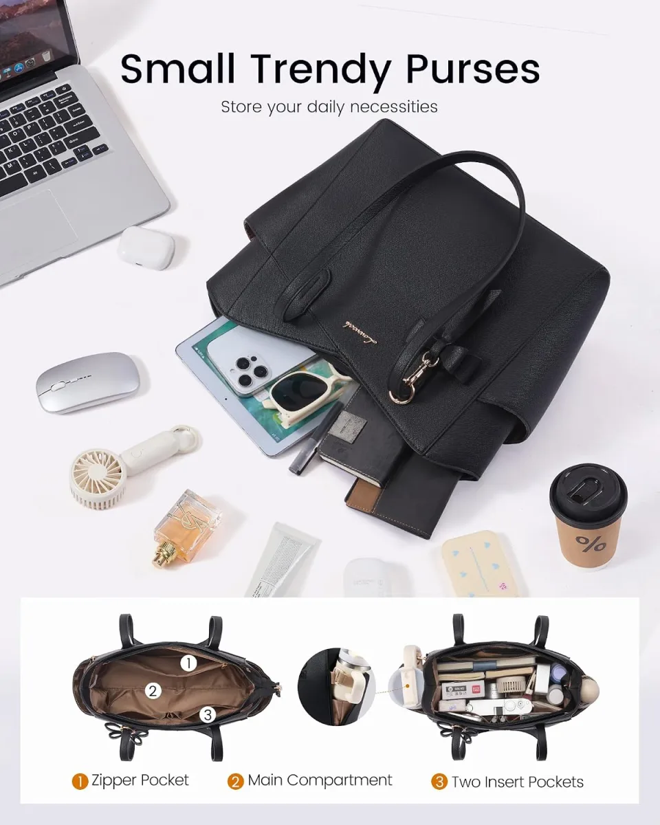 LOVEVOOK small tote purse for women in black structured PU leather with top zipper photo 4