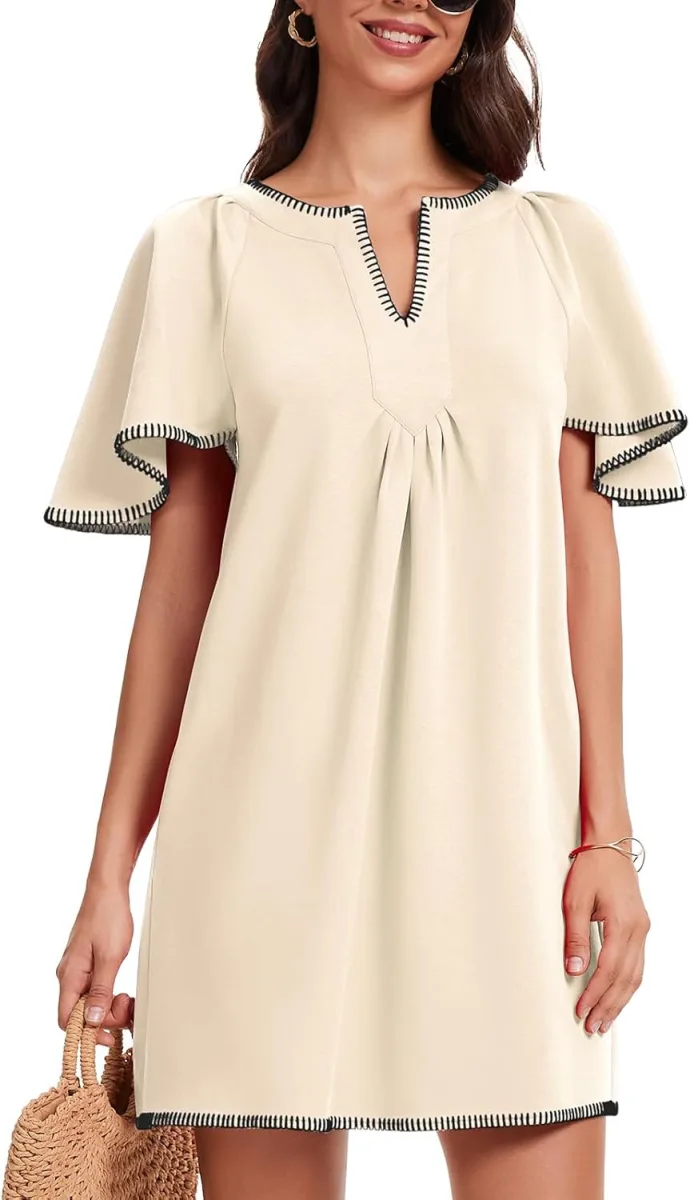HOULENGS women summer A-line mini dress with flutter sleeves, V neck and side pockets