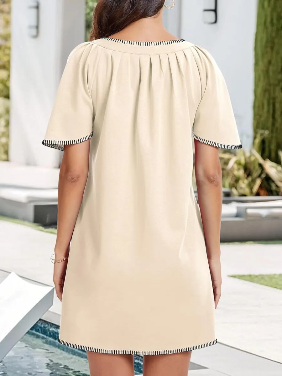 HOULENGS women summer A-line mini dress with flutter sleeves, V neck and side pockets