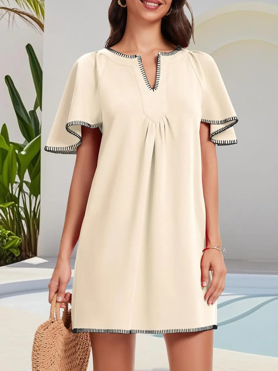 HOULENGS women summer A-line mini dress with flutter sleeves, V neck and side pockets