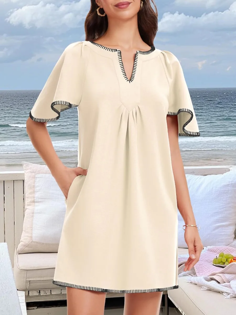 HOULENGS women summer A-line mini dress with flutter sleeves, V neck and side pockets