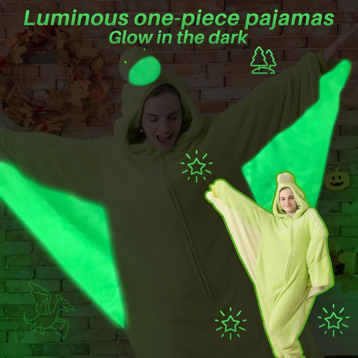 Tailwaggz glow in the dark pterodactyl onesie pajamas costume for adults