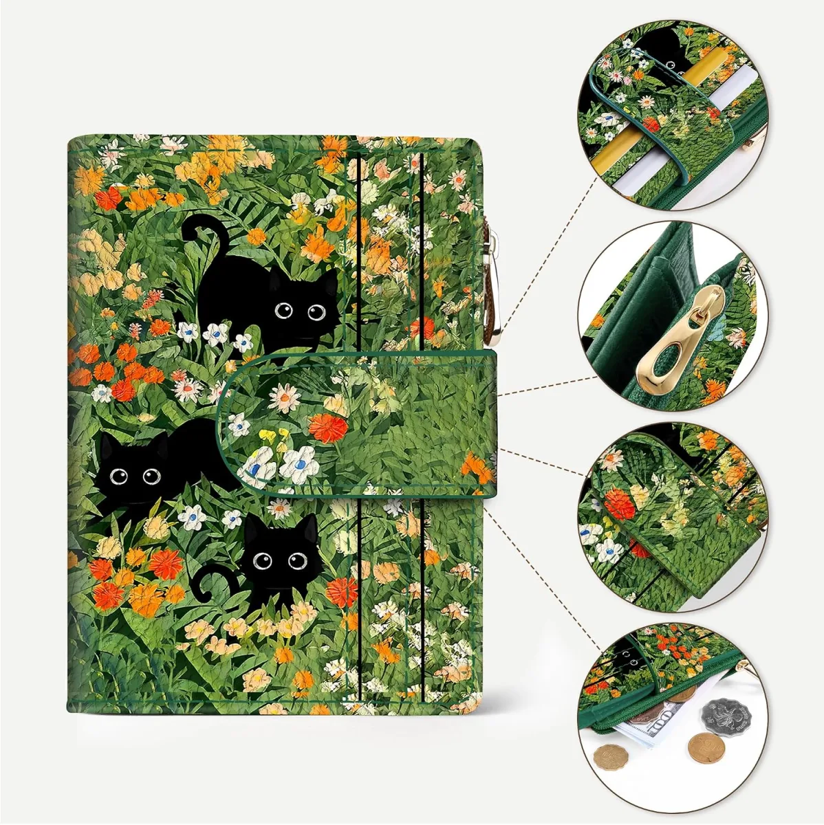 Tipmile small wallet for women with RFID blocking and cute cat print, bifold with coin pocket