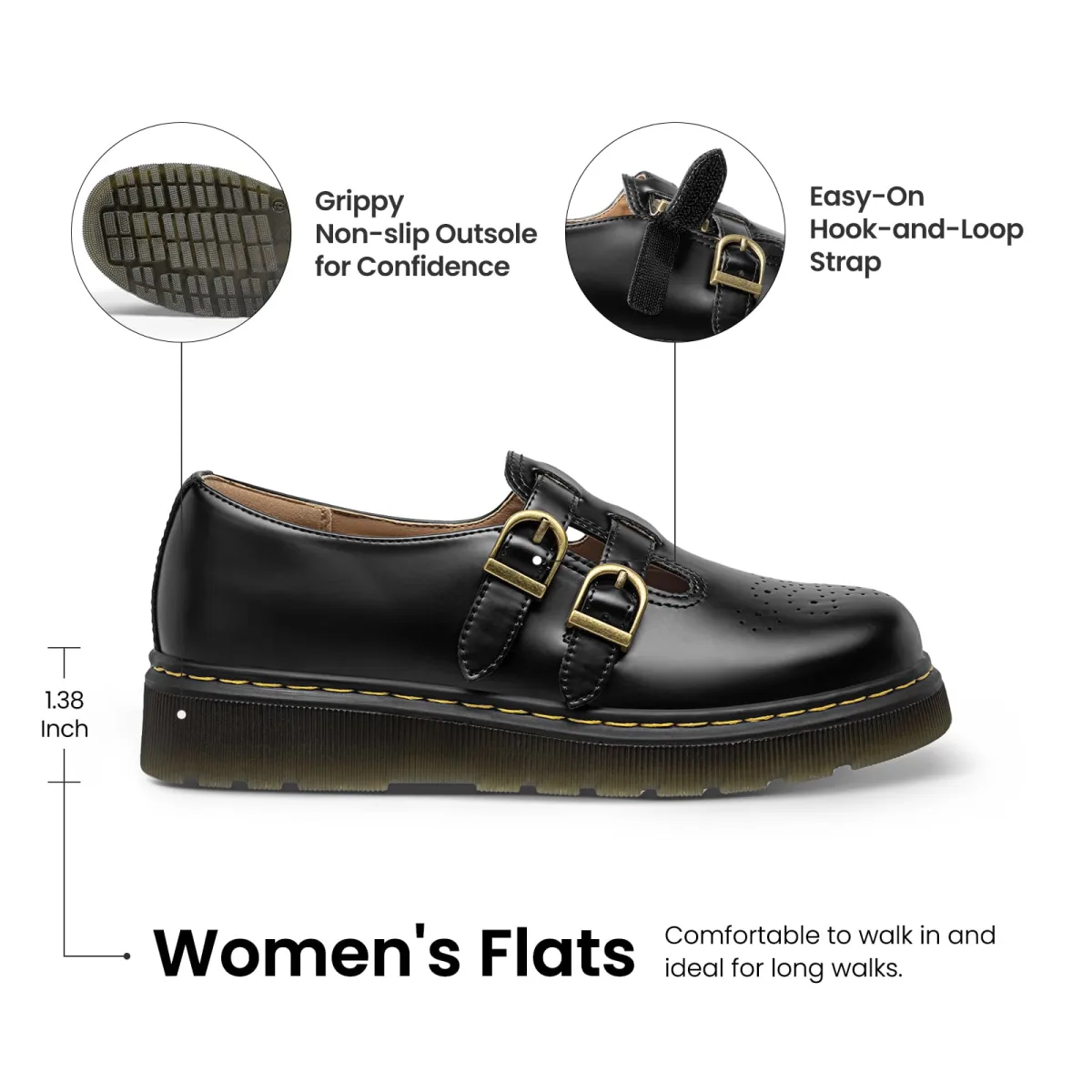 Athlefit women's Mary Jane platform flats in black with double straps photo 6