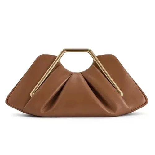 Brown Leather Clutch for Women, Elegant Ruched Evening Handbag
