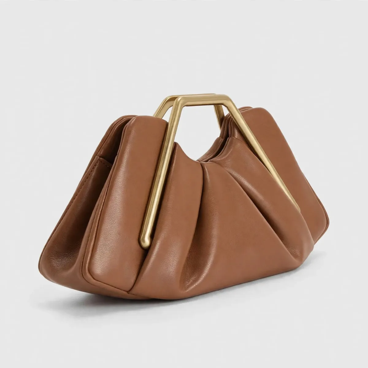 Brown Leather Clutch for Women, Elegant Ruched Evening Handbag