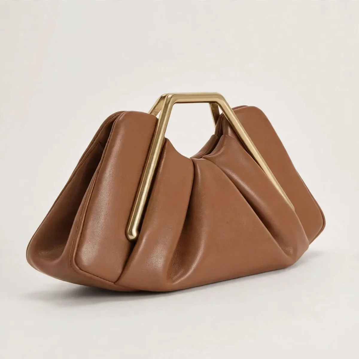 Brown Leather Clutch for Women, Elegant Ruched Evening Handbag