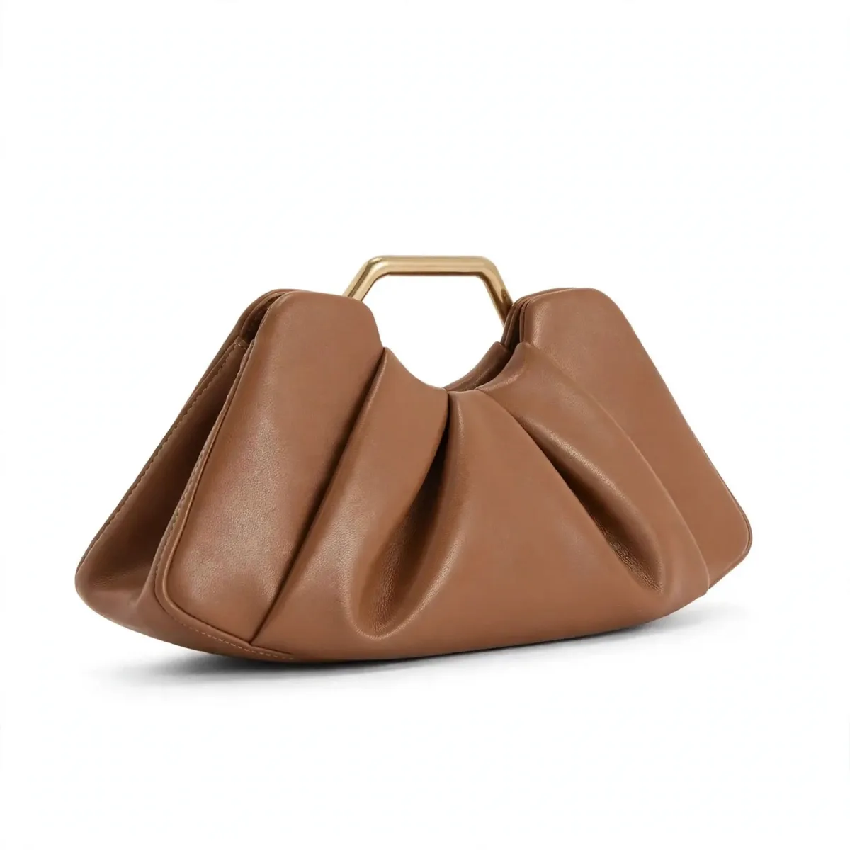 Brown Leather Clutch for Women, Elegant Ruched Evening Handbag