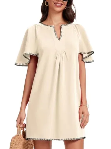 HOULENGS women's summer flutter sleeve A-line mini dress in apricot with contrast trim