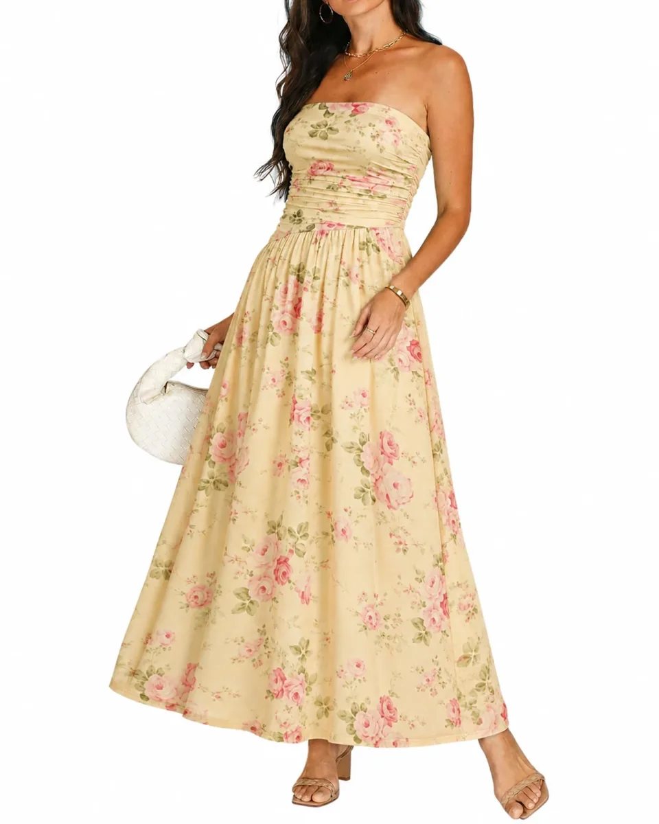 OULESIS women's strapless floral maxi dress in yellow with pink roses
