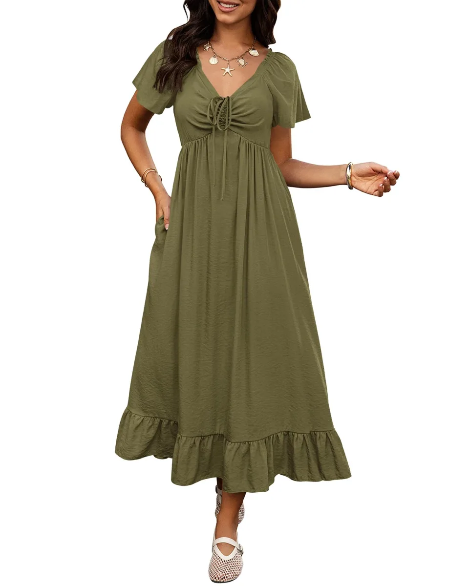 BTFBM women's short sleeve V neck drawstring A-line maxi dress in army green