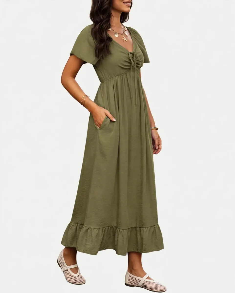 BTFBM women's short sleeve V neck drawstring A-line maxi dress in army green