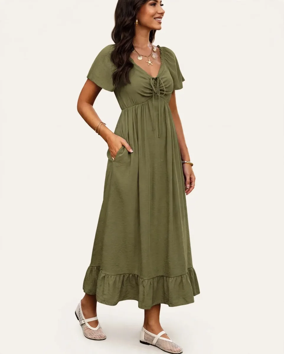 BTFBM women's short sleeve V neck drawstring A-line maxi dress in army green